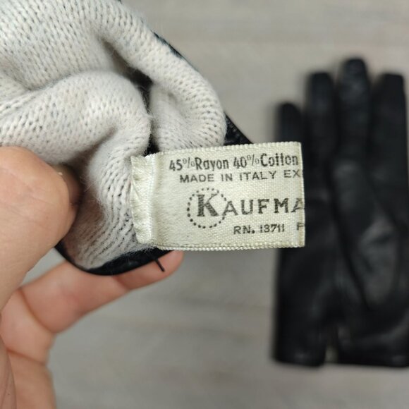 Vintage Womens Black Leather Gloves Size 7.5 Made In Italy Kaufmanns Wool Blend - Picture 4 of 6